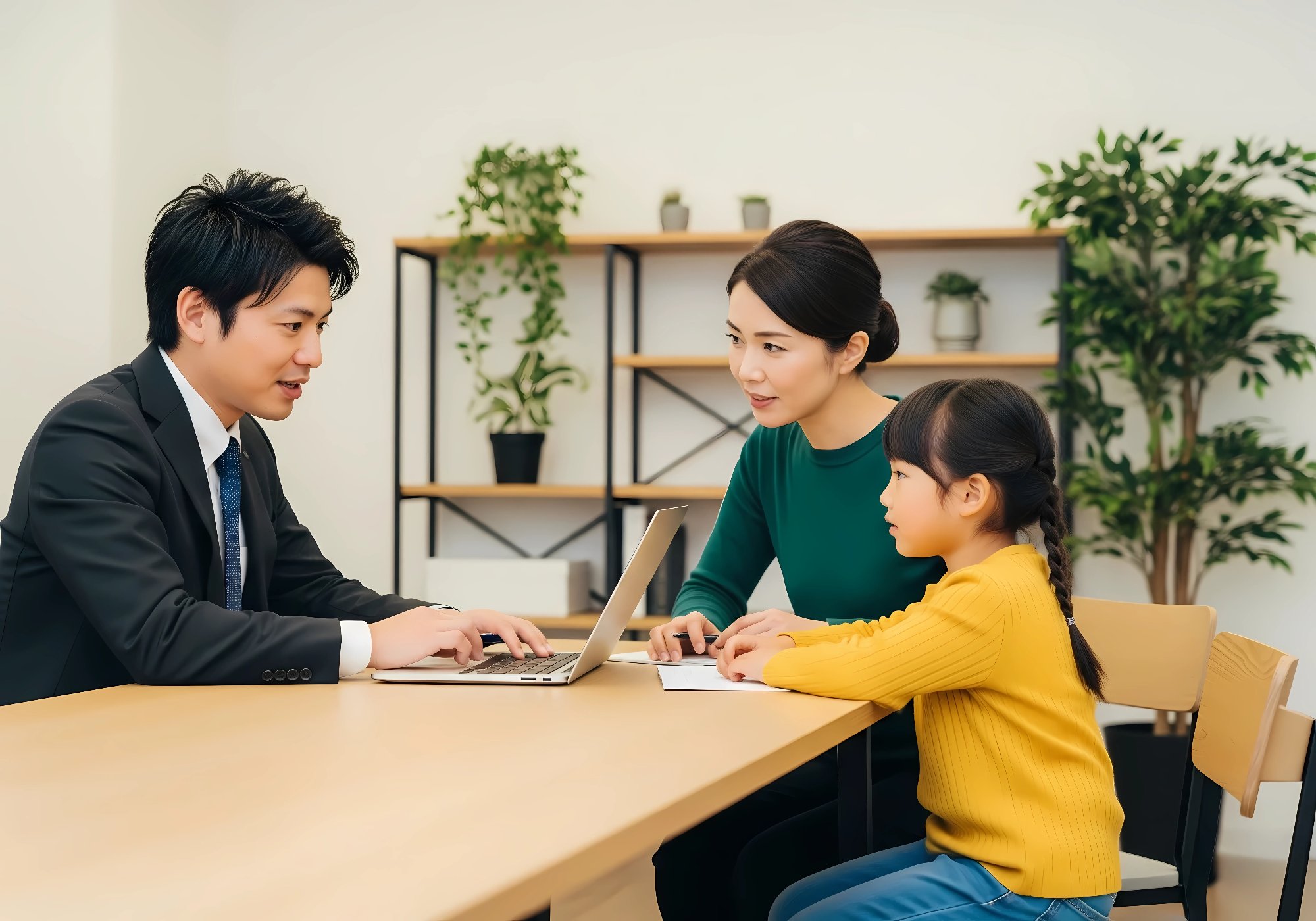 男性教師がPCを使い母親と小学生に説明